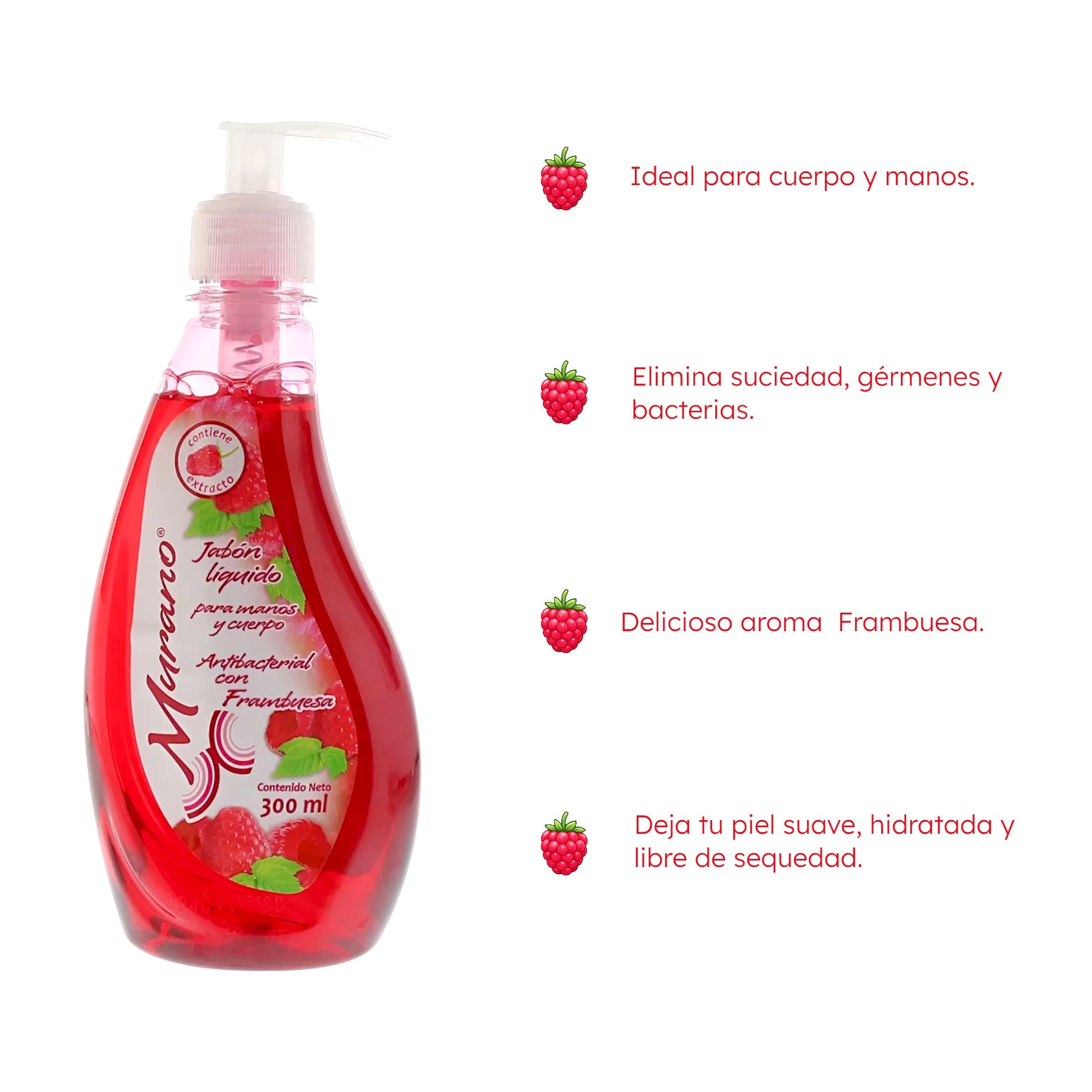 10 Botellas DeJabón Líquido Para Manos y Cuerpo Murano Frambuesa 300 ml