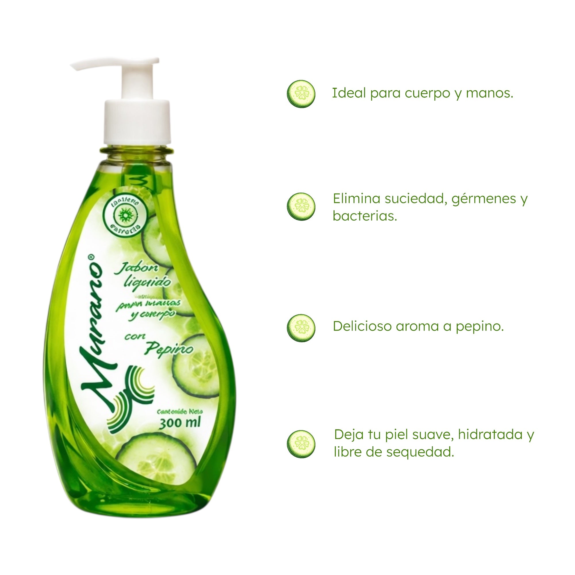 10 Botellas De Jabón Líquido Para Manos y Cuerpo Murano Pepino 300 ml