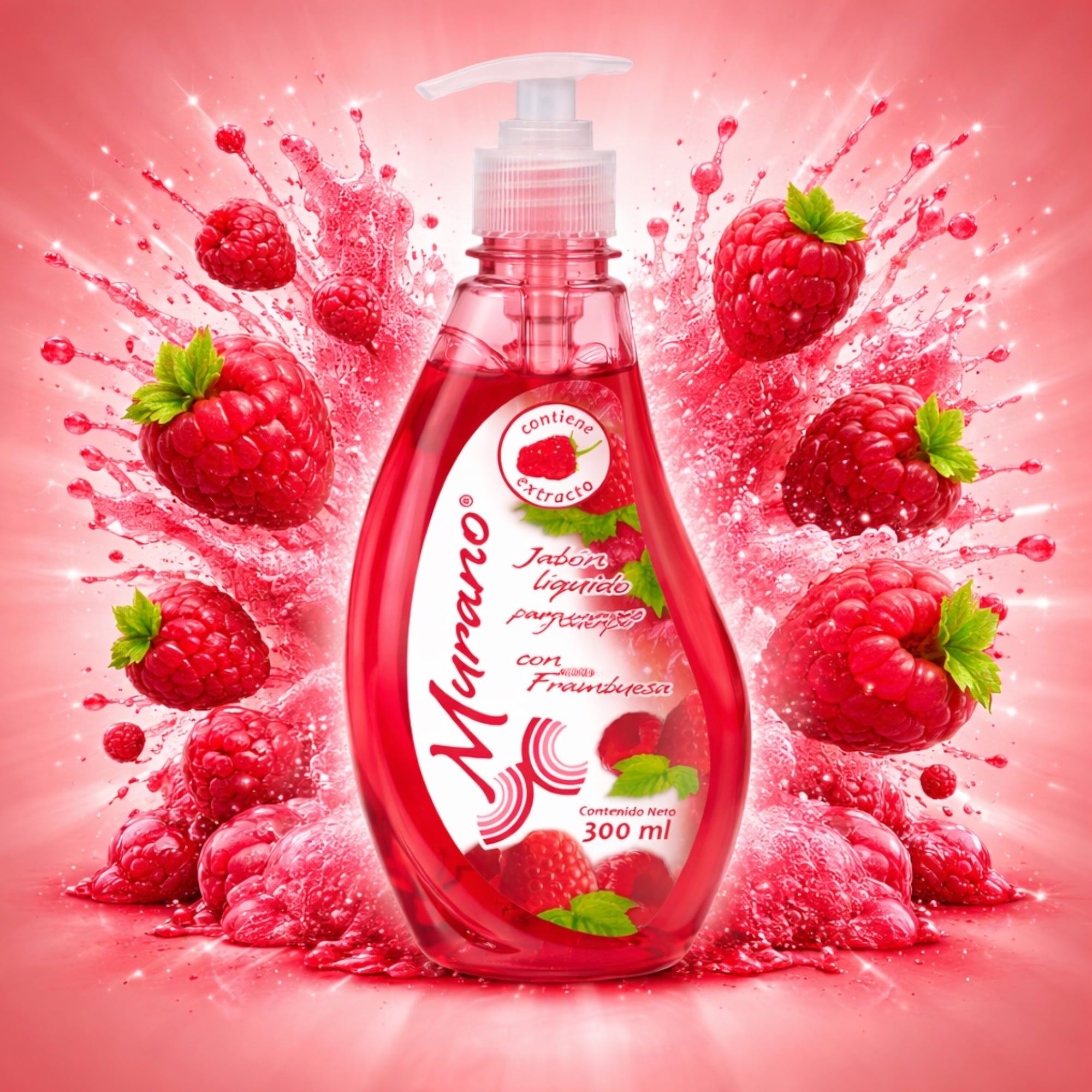 10 Botellas DeJabón Líquido Para Manos y Cuerpo Murano Frambuesa 300 ml