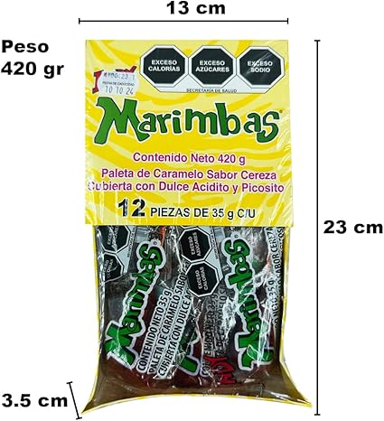 Caja con 32 Bolsas de Marimbas Indy - Caramelo Sabor Cereza, Cubierta Dulce Acidito y Picosito, 12 Piezas por Bolsa