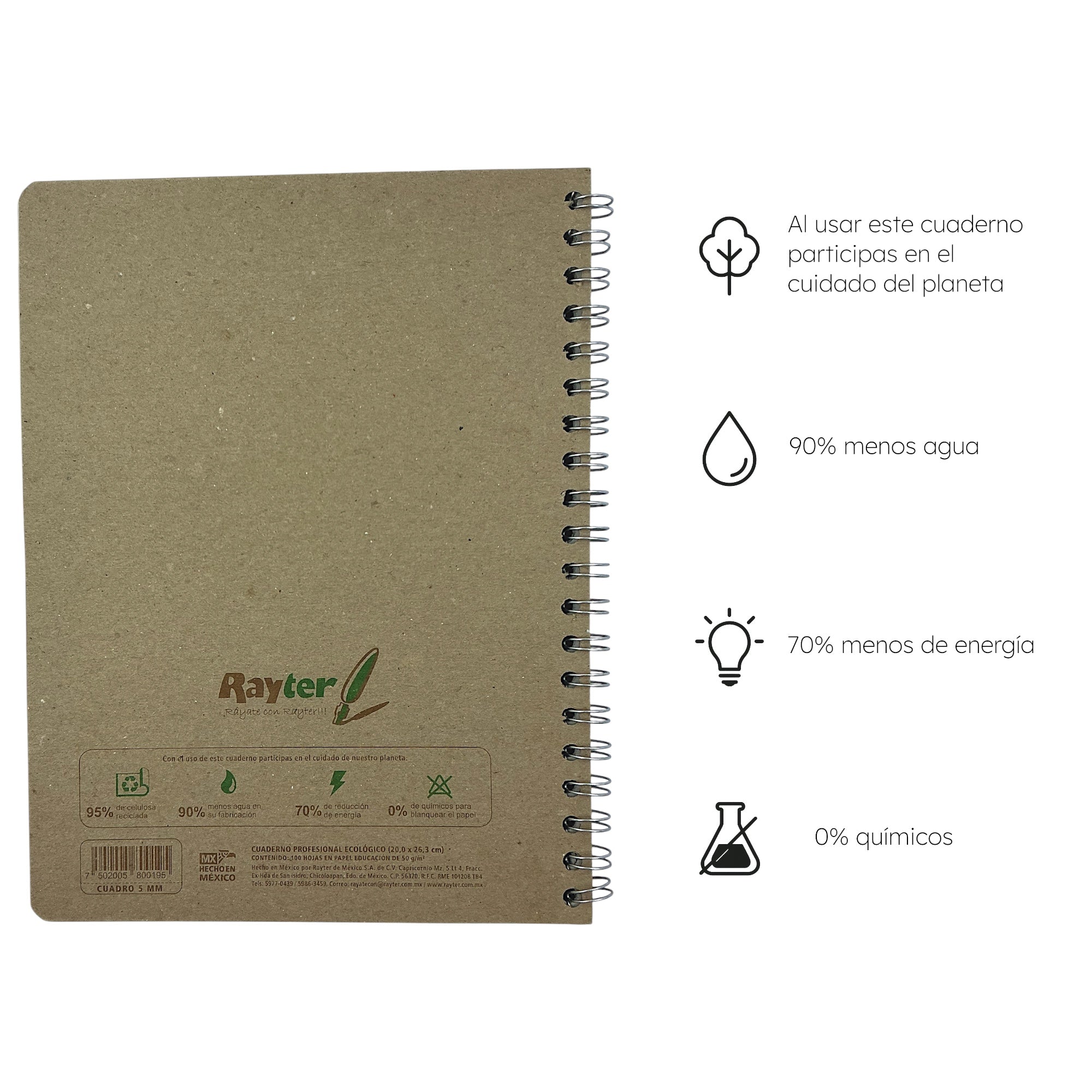 6 Pack Libretas Profesionales Ecológicas Rayter 100 Hojas Doble Aro Cuadro Chico, Grande y Raya