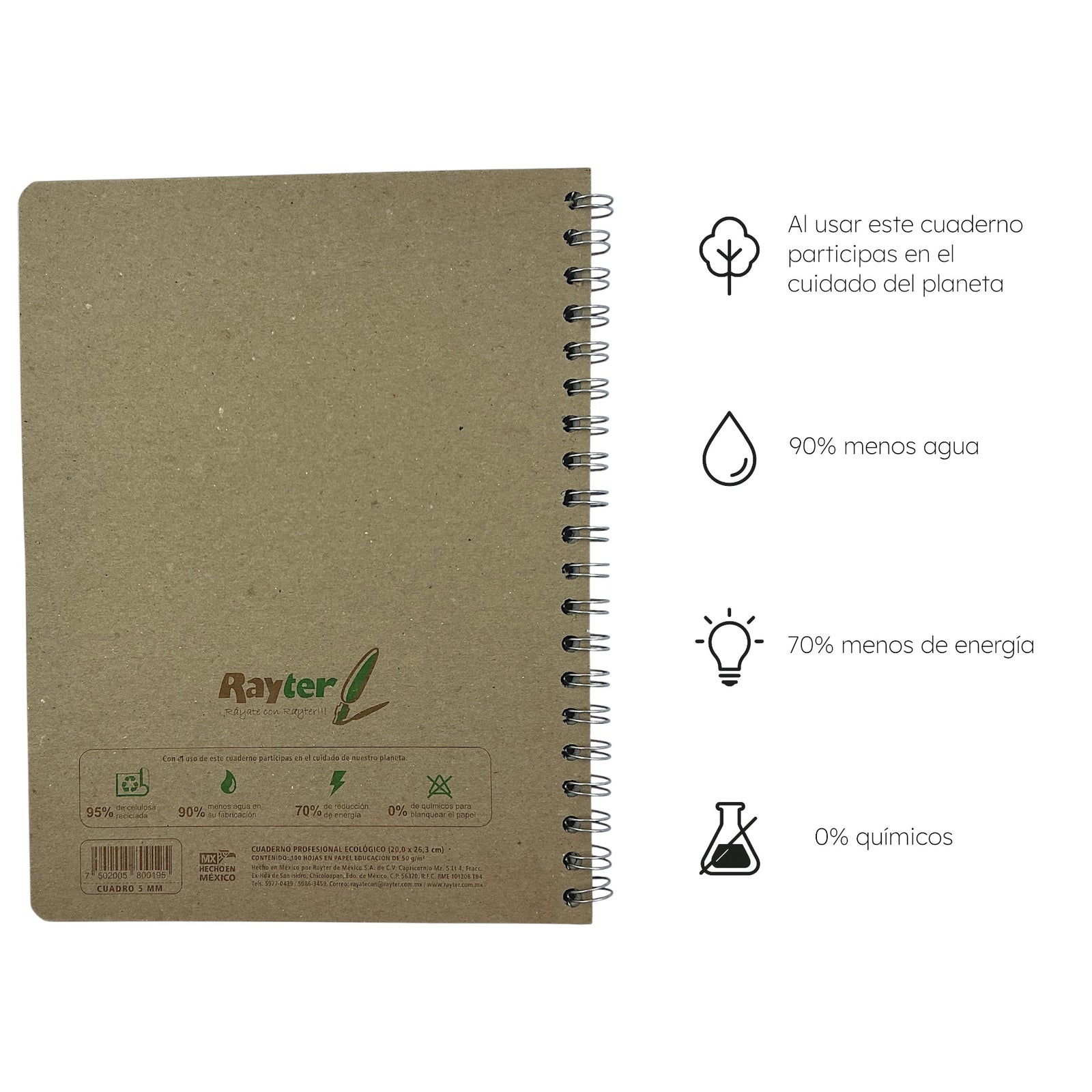 6 Pack Libretas Profesionales Ecológicas Rayter 100 Hojas Doble Aro Cuadro Chico, Grande y Raya