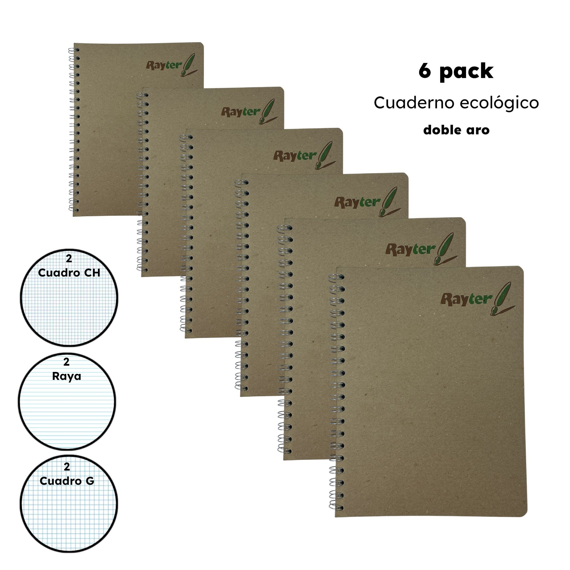 6 Pack Libretas Profesionales Ecológicas Rayter 100 Hojas Doble Aro Cuadro Chico, Grande y Raya