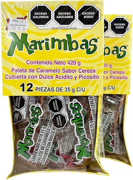 Caja con 32 Bolsas de Marimbas Indy - Caramelo Sabor Cereza, Cubierta Dulce Acidito y Picosito, 12 Piezas por Bolsa