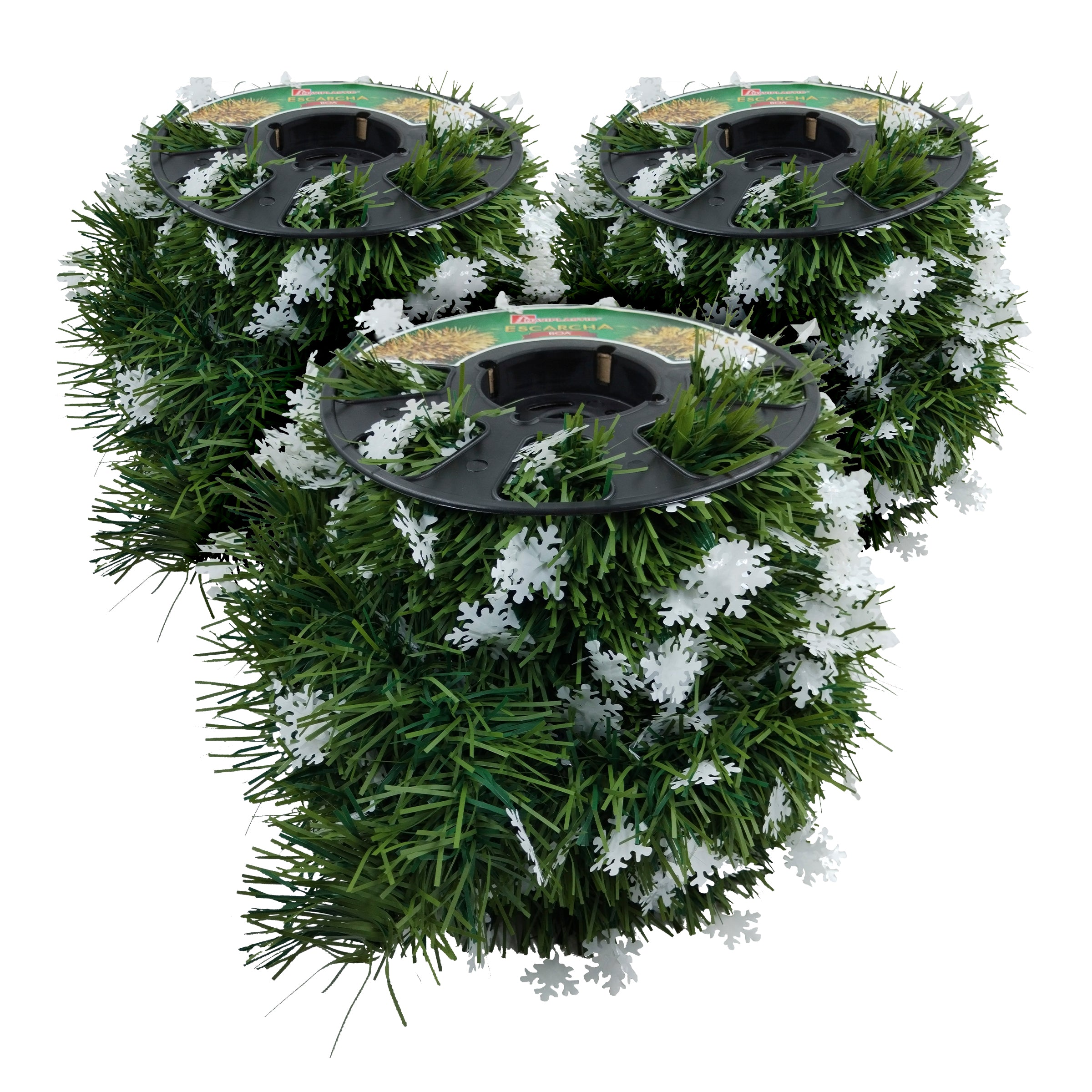 Caja con 12 Rollos de Escarcha Navideña Verde Pino con Copos de Nieve – 20 Metros por Rollo (Total: 240 Metros)