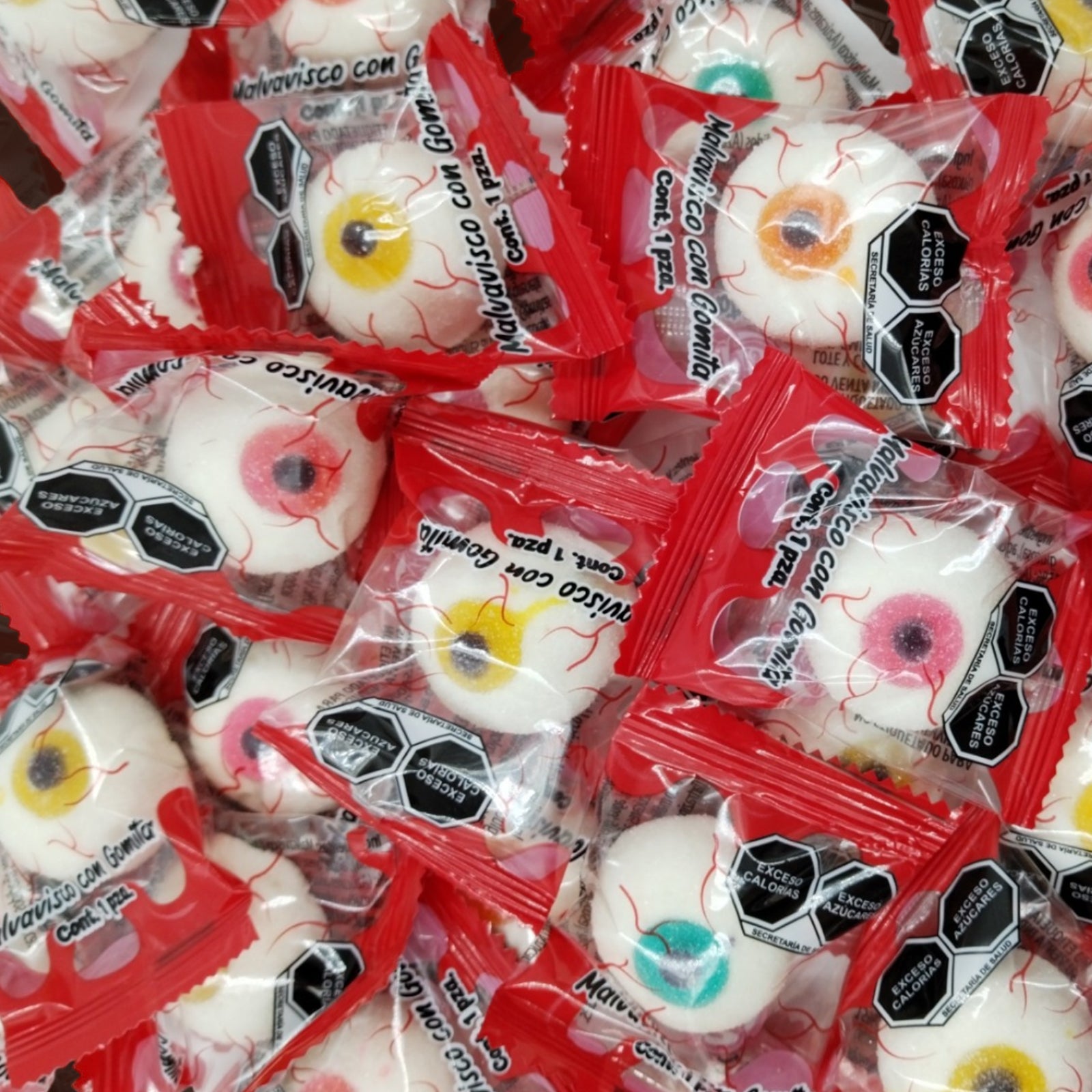 Caja con 12 Botes de Malvavisco con Gomita en Forma de Ojo – 50 Piezas por Bote | Halloween y Día de Muertos