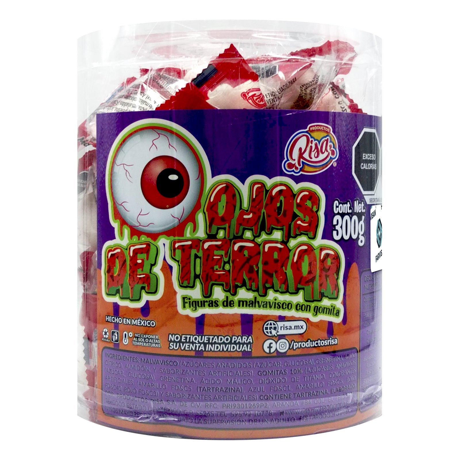 Caja con 12 Botes de Malvavisco con Gomita en Forma de Ojo – 50 Piezas por Bote | Halloween y Día de Muertos