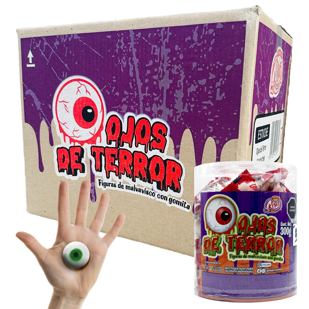 Caja con 12 Botes de Malvavisco con Gomita en Forma de Ojo – 50 Piezas por Bote | Halloween y Día de Muertos